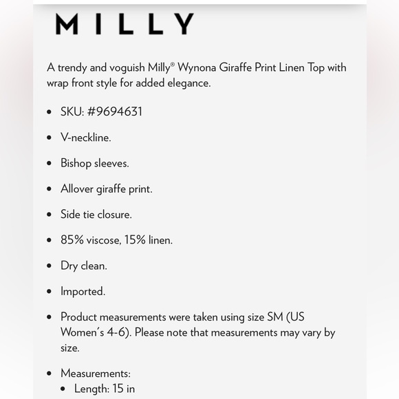 MILLY Wynona Giraffe Printed Wrap Tie Waist Puff Sleeve Cropped Linen Blouse - S - Picture 14 of 16